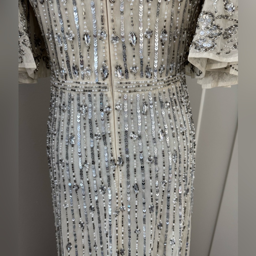 New Mac Duggal Silver Flounce Sleeve Midi Dress 5579 Size 4 - Picture 7 of 11